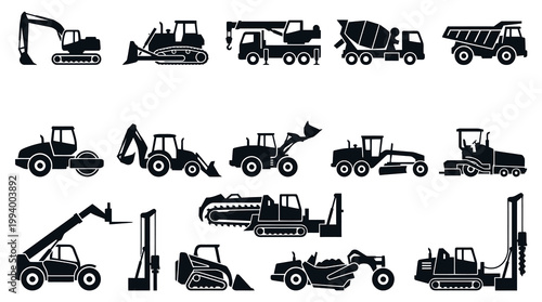 Black  White Construction Heavy Equipment Icons Set