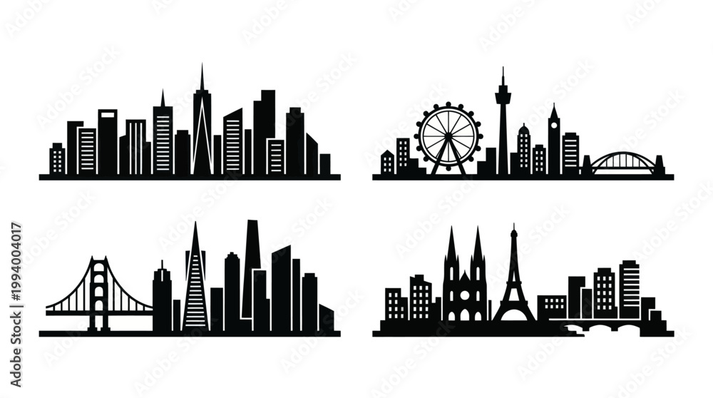 Obraz premium Black Silhouette World City Skylines Vector Art for Travel and Architecture
