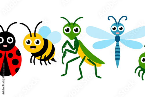 A colorful illustration of various insects, including a ladybug, bee, praying mantis, dragonfly, and spider, on a transparent background