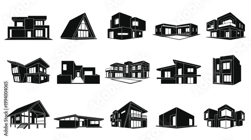 Modern House Silhouette Icons Collection for Architecture and Real Estate Design
