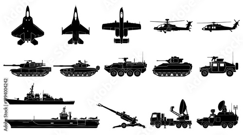 Military Vehicles, Aircraft  Weapons Black Silhouettes Vector Icon Set