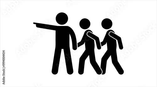 Stick figure leader pointing the way for two followers in a line