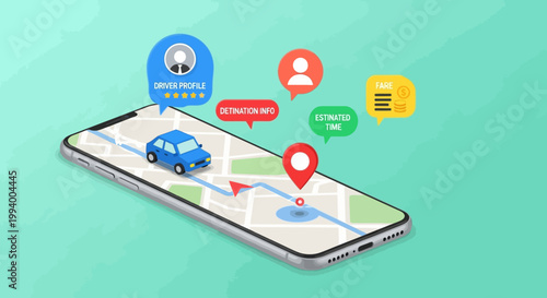 Digital ride-sharing application concept on a smartphone with map navigation and service information for convenient urban transport
