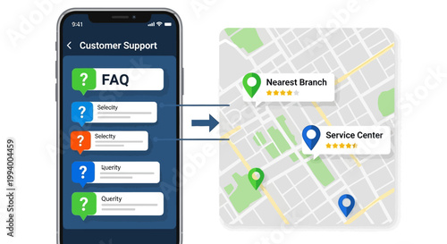 Streamlined Mobile App for Customer Support and Location Services, Guiding Users to FAQs, Nearest Branches, and Service Centers on an Interactive Map