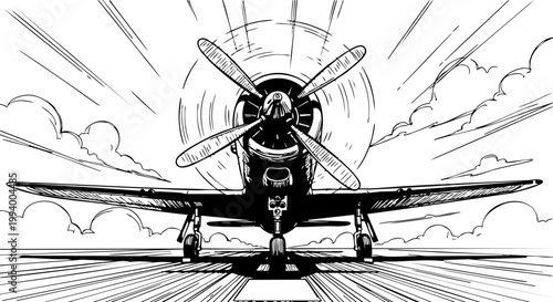 A vintage propeller aircraft performing a powerful takeoff maneuver as a black and white vector graphic illustration.