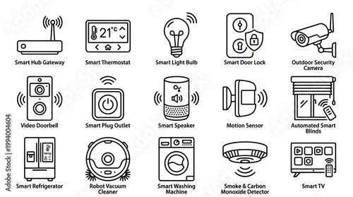 Smart Home Technology Icons - Line Art, Industry 4.0 Concept