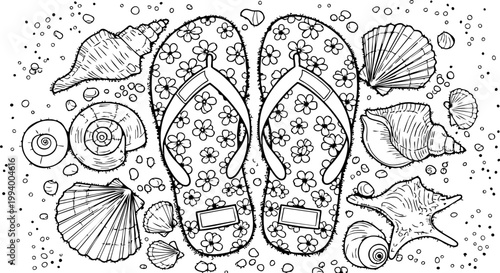 Detailed vector illustration of floral flip flops surrounded by various beautiful seashells on a sandy beach.