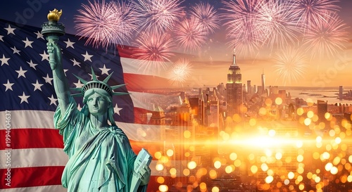 Statue of liberty and new york city skyline with american flag and fireworks celebrating independence day