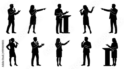 Black and White Silhouette of Speakers at Podiums, Business Meeting