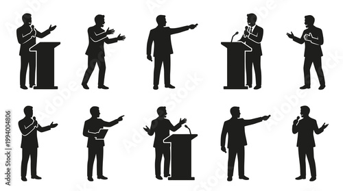 Business Man Silhouette Set: Speaker, Public Speaking, Presentation, Meeting Icons