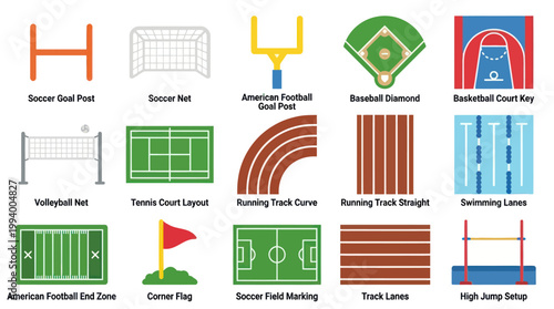 Flat Design Sports Field Icons: Soccer, Baseball, Tennis, Track, Swimming