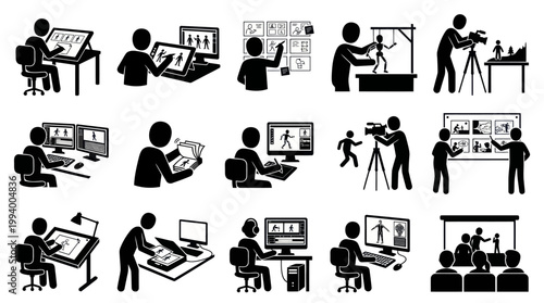 Animation Production Process, Stick Figure Icons, Vector Art