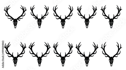 Black Line Art Deer Skull Antlers Glyph Set. Wildlife, Hunting  Nature Silhouette Icons.