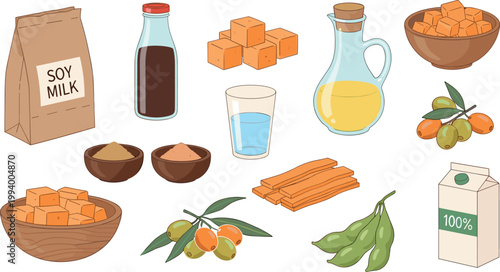 Soy food products set with soy milk tofu oil sauce beans and ingredients isolated on white background vegan vector illustration