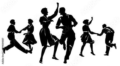 A vector silhouette of couples dancing in a vintage or retro style, evoking a 1950s ballroom atmosphere. This design captures motion, elegance, and classic entertainment.