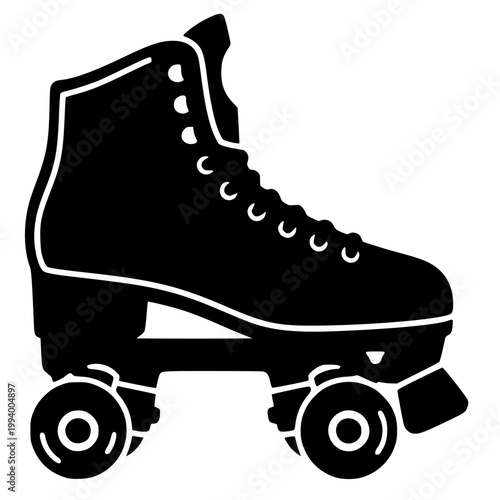 A black and white vector silhouette of a classic quad roller skate, featuring a boot with laces, a heel, and a toe stop.
