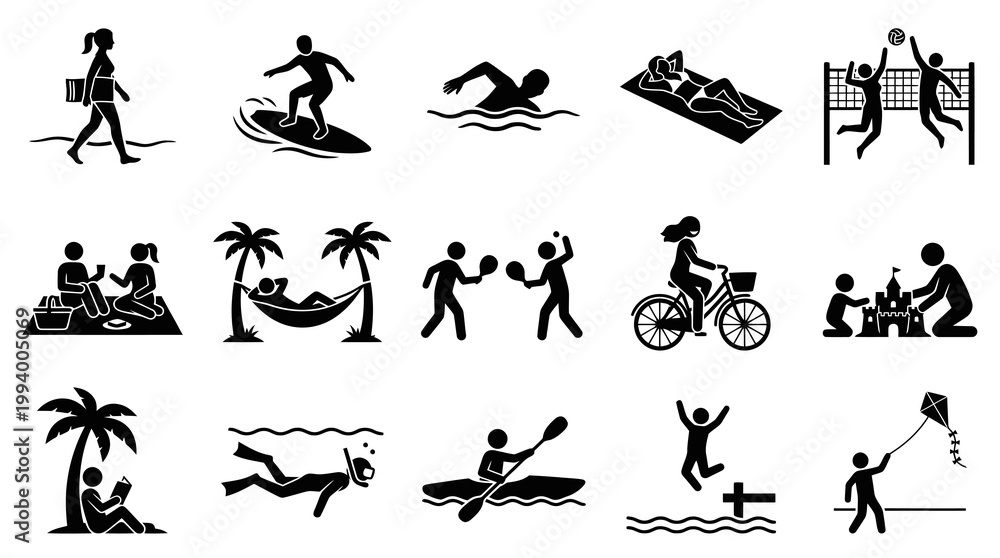 Obraz premium Black White Glyph Icons of Summer Beach Activities and People