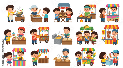 Cute Asian Food Vendors and Customers Cartoon Illustration