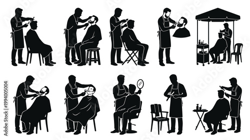Black  White Silhouettes of Barbers Cutting Hair and Beards