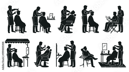 Barbershop Services Silhouette Icons: Haircut, Shaving, Grooming  Personal Care Vector Set