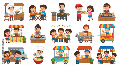 Diverse cartoon characters enjoying food at various street stalls and food trucks