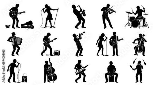 Music Performance Icons: Black and White Silhouette Musicians and Instruments Collection