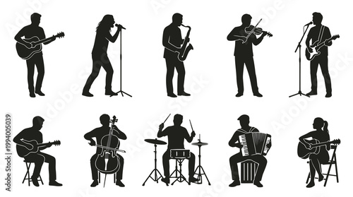 Silhouette of Diverse Musicians Playing Instruments on Stage, Black and White Vector Art