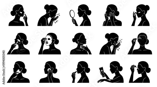 Skincare Beauty Routine Glyph Set. Woman Applying Face Mask, Washing, Makeup, Self-care Icons.