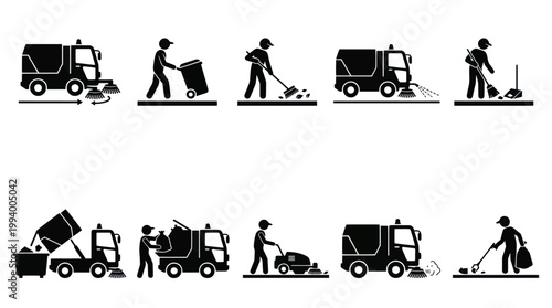 Street Cleaning Icons: Garbage Trucks, Sweepers, Workers, Trash Bins, Lawn Mower, Broom