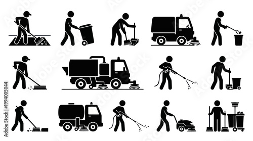 Sanitation Icons: Sweeping, Cleaning Truck, Trash Collection, Pressure Washing