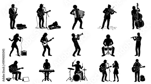 Black and white silhouette icons of musicians playing instruments and singing