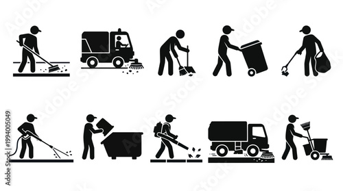 Sanitation Worker Icons - Cleaning Tools, Vehicles, and Services - Glyph Art