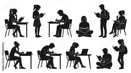 Students Reading Studying Education Vector Silhouettes Icons Set