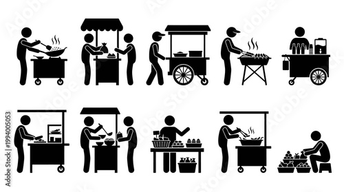 Street Food Vendors Glyph Icons: Cooking, Serving, and Selling from Carts and Stalls Set