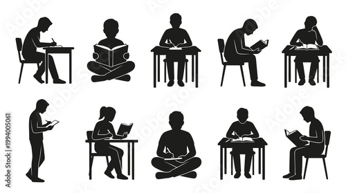 Vector Silhouettes of Students Studying: Reading, Writing, Learning  Education Icons Set