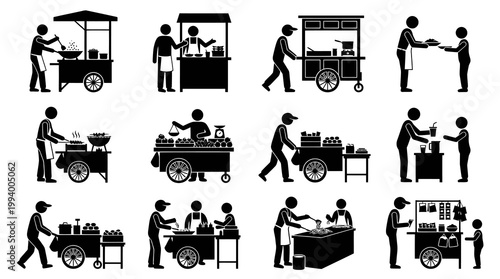 Street Food Vendors and Carts Glyph Pictogram Icon Set