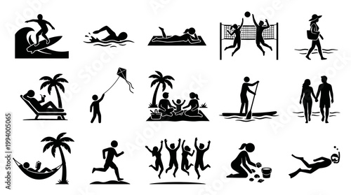 Summer Beach Activities Black and White Glyphs Set for Vacation and Leisure