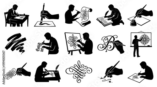 Calligraphy and Writing Art Silhouettes: Artists, Pens, Brushes, Ink, Scrolls  Flourishes Icons