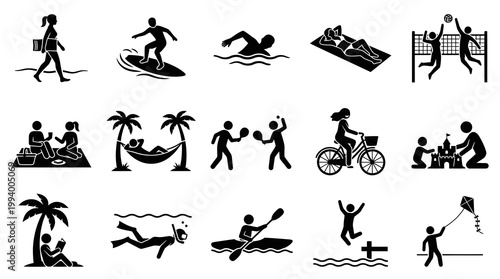 Black  White Glyph Icons of Summer Beach Activities and People