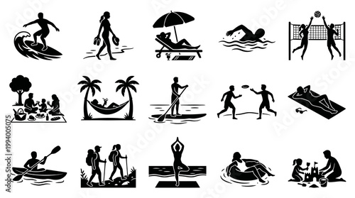 Black  White Silhouette Icons of Summer Beach Activities and Recreation