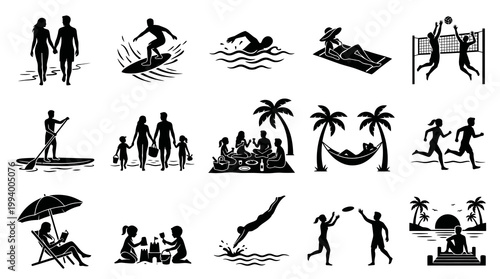 Black  White Beach Vacation Activities Icons Set