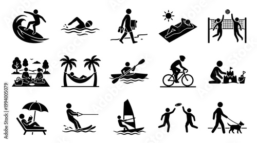 Summer Vacation Activities Icons - Black  White Pictograms