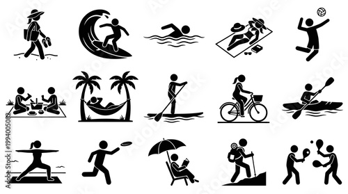 Leisure Outdoor Activities Glyph Icons. Summer Sports and Travel Pictograms Stick Figures.