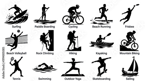 Black and White Icons of Various Outdoor Sports Activities