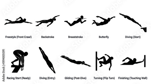 Swimming Sports Silhouettes Vector Set: Swimmer Strokes, Diving, Turn, Finish Glyphs