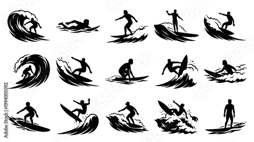 Black and White Silhouette Icons of Surfers Riding Waves
