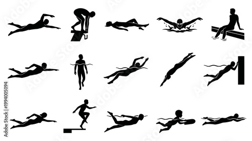 Swimming Sports Silhouettes Set - Swimmers in Various Poses Black  White Vector Glyphs