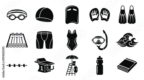 Swimming Equipment and Pool Elements Glyph Icons Set for Aquatic Sports and Water Activities