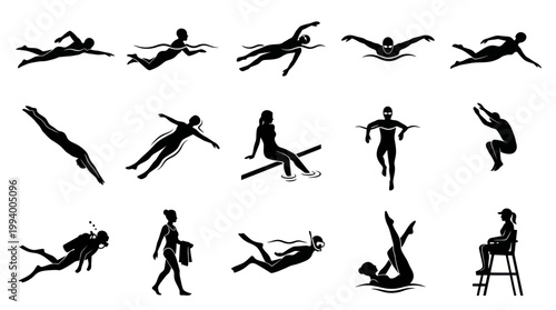 Diverse Water Sports Silhouettes: Swimming, Diving, Snorkeling, Lifeguard, Gymnastics, Sitting