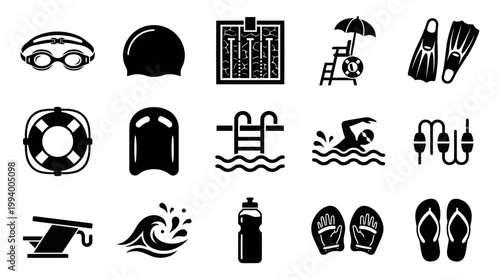 Set of Black and White Swimming Icons - Pool, Goggles, Fins, Lifesaver, Cap
